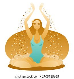 Girl sitting cross-legged in lotus position. Yoga class. Concept of four elements - earth. Isolated vector.
