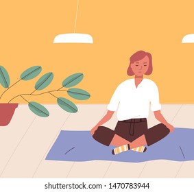 Girl sitting cross-legged on floor and meditating. Young woman practicing yoga, buddhist meditation, Pranayama breath control exercise, spiritual discipline at home. Flat cartoon vector illustration.