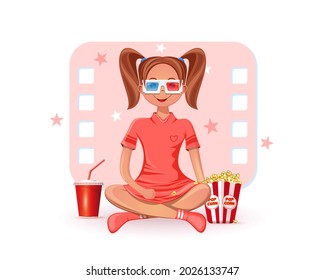 Girl sitting cross-legged on the floor, drinks cola, eats popcorn and watches a movie in 3D glasses. Young cute lady in 3D glasses is watching favorite movie. Cinema concept. Vector illustration