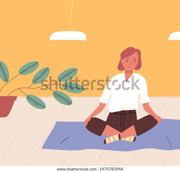 あぐらをかいて床に座り 瞑想している女の子 ヨガ 瞑想 プラナヤマ呼吸調節 家庭での精神修練を行う若い女性 平らなカートーンのベクターイラスト のベクター画像素材 ロイヤリティフリー