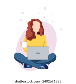 Niña sentada de piernas cruzadas trabajando en la computadora y con una taza de café en la mano. Ilustración vectorial