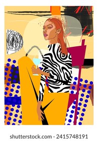 Niña sentada con una taza, vidrio sobre el fondo geométrico abstracto de la mano dibujado a mano ilustración vectorial de la impresión de arte.