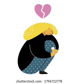 Girl sitting curled up with broken heart. Woman is distressed, saddened, feeling sorrow for somebody. Divorce, difficult breakup, disappointed expectations, empty hopes. Vector flat isolated on white.