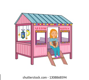 the girl is sitting in a cute cot with a teddy bear in her hands. Beautiful home illustration for shops selling baby beds.