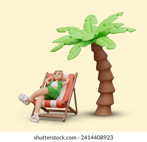 Girl is sitting in deck chair with her hands behind her head. Vacation at tropical resort under palm tree. Vector 3D composition on colored background. Time to relax