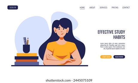 Girl sitting at the desk with books and school supplies. Vector illustration for banner, website. Education, bookstore, knowledge, student concept.
