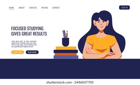 Girl sitting at the desk with books and school supplies. Vector illustration for banner, website. Education, bookstore, knowledge, student concept.