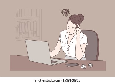 Girl sitting at desk, businesswoman working with computer at office concept. Woman typing on laptop, crumpled pieces of paper, thinking process, searching for ideas. Simple flat vector