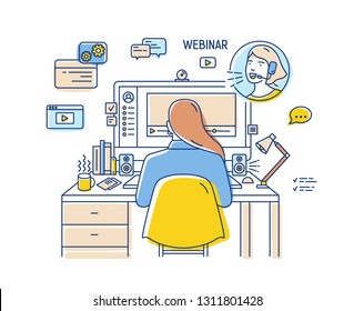 Girl sitting at desk with computer and watching or listening to webinar, internet lecture, video podcast. Back view. Self education online. Colored vector illustration in modern linear style.