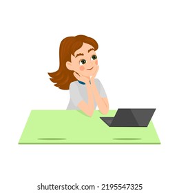 The girl is sitting at desk with laptop. Homeschooling Concept. Online studying. Cartoon style, vector illustration  