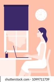 The girl is sitting at the desk in profile. Woman working with laptop. Home Office. Vector Flat Illustration