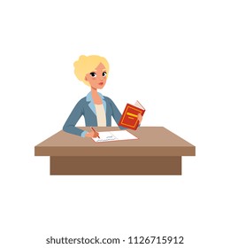 Girl sitting at the desk reading book and writing, student in learning process vector Illustration on a white backgroun