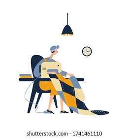 Girl sitting at desk with sewing machine and enjoying her hobby. Fashion designer, needlewoman or seamstress working at home. Flat cartoon vector illustration on white background.