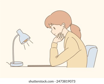 Girl sitting at desk, studying with textbook under lamp. Young woman reading book. Hand drawn flat cartoon character vector illustration.