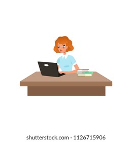 Girl sitting at the desk and studying using her computer, student in learning process vector Illustration on a white background