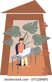 Girl sitting at desk and using laptop. Home shape. Freelance work  People studying and work remotely at home. Flat vector illustration. Isolated on white background