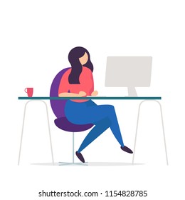 Girl sitting at the desk and working on computer. Business woman workplace. Female character of business person, office worker, manager. Working at home via the Internet, freelance concept. Flat style