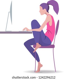 Girl sitting at the desk and working on computer.   Working at home via the Internet, freelance concept. Flat style. 