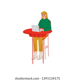 Girl Sitting at Desk and Working on Laptop Computer, Freelance or Social Network Concept Vector Illustration