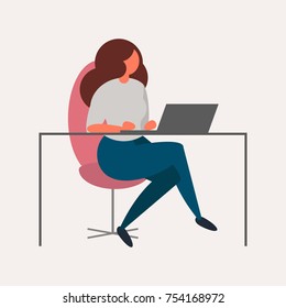 Girl sitting at the desk and working on computer. Business woman with a laptop. Office worker. Flat cartoon style character.