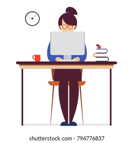 Girl sitting at the desk and working on computer. Business woman workplace. Female character of business person, office worker, clerk, manager. Working at home via the Internet, freelance concept