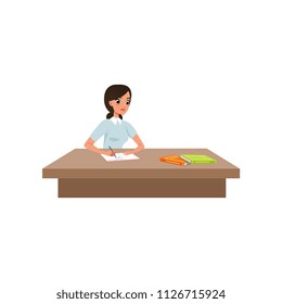 Girl sitting at the desk and writing, student in learning process vector Illustration on a white background