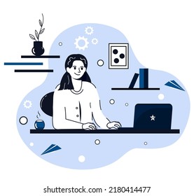 The girl is sitting at the desktop and looking for something in the computer. Vector Stock illustration. Blue colors. Digital. New technologies.