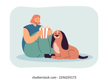 Niña sentada con perro y comiendo palomitas de maíz. Mujer sentada en el suelo, viendo una película, pasando tiempo con una ilustración portadora plana de mascotas. Concepto de recreación para banner, diseño de sitio web o página web de aterrizaje