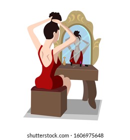 Girl sitting at dressing table and doing hair