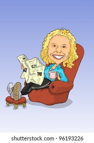 Girl sitting in easy chair reading a newspaper