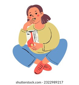 The girl is sitting and eating chips. Vector illustration in cartoon style.