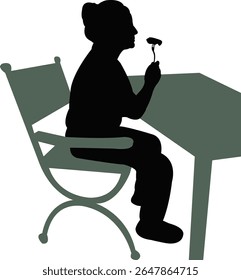 a girl sitting and eating food, silhouette vector