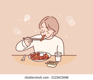 chica sentada y comiendo teokbokki . Ilustraciones de diseño vectorial de estilo dibujado a mano.