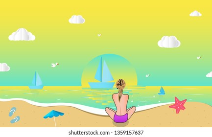 Girl sitting and enjoy nature on the beach and sea stuff with paper cut layer style vector illustration - Vector