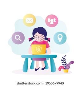 Girl Sitting And Entertained In Laptop. Parents Using Content Control Software. Safe Internet For Kids. Concept Of Parental Control And Media Content Limitations. Trendy Flat Vector Illustration