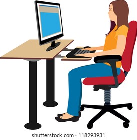 Girl sitting at an ergonomically correct computer station.