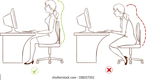 Girl sitting at an ergonomically correct computer station.(Black and white)