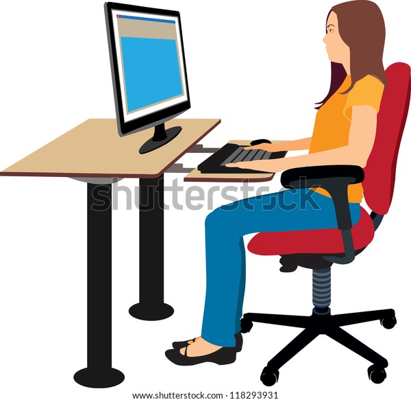 Girl Sitting Ergonomically Correct Computer Station Stock Vector