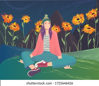 Girl sitting in a field of poppies. In the background are mountains. Beautiful landscape