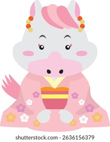 Girl Sitting in Floral Kimono – Japanese Zodiac New Year Illustration for 2026 (Year of the Horse)