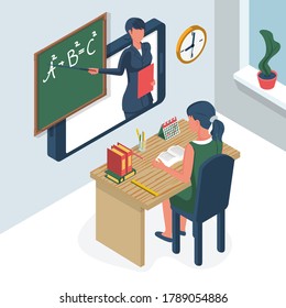 Girl sitting in front of big screen phone at an online lesson. Professional teacher with pointer standing at the school board. Remote education. Vector isometric. E-learning landing page. Work desk.