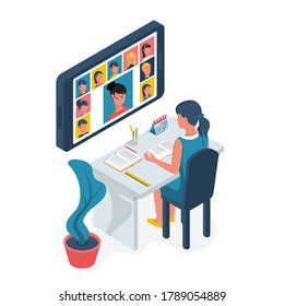 Girl sitting in front of big screen phone at an online lesson. Teacher and classmates in the school online chat. Remote education. Vector isometric. E-learning landing page. Work desk with notebooks.