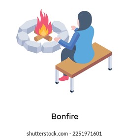 Girl sitting in front of bonfire, isometric icon