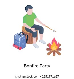 Girl sitting in front of bonfire, isometric icon