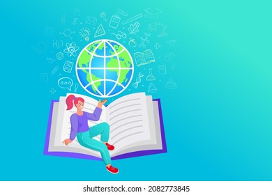 Girl sitting in front of a book and a globe. Concept of global education, study abroad, international student exchange program. Modern flat vector illustration for banner.