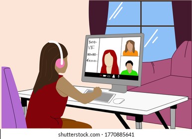 girl, sitting in front of the computer in the comfort of her home, receiving classes online, connected with the teacher and her classmates, respecting the new rules of health and social isolation