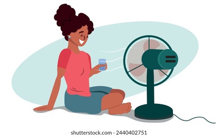 The girl is sitting in front of the electric fan and cooling the heat. Young cartoon character. Hot summer day. Cold wind. Air conditioning. Vector illustration