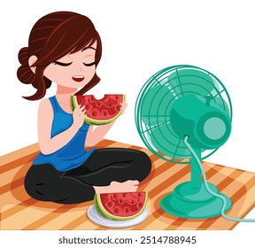 Girl Sitting in Front of an Electric Fan and Eating Watermelon in a Hot Summer Day 