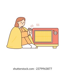 A girl is sitting in front of an electric stove wearing a blanket. outline simple vector illustration.