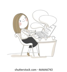 Girl is sitting in front of laptop. Freelancer. Vector illustration. 